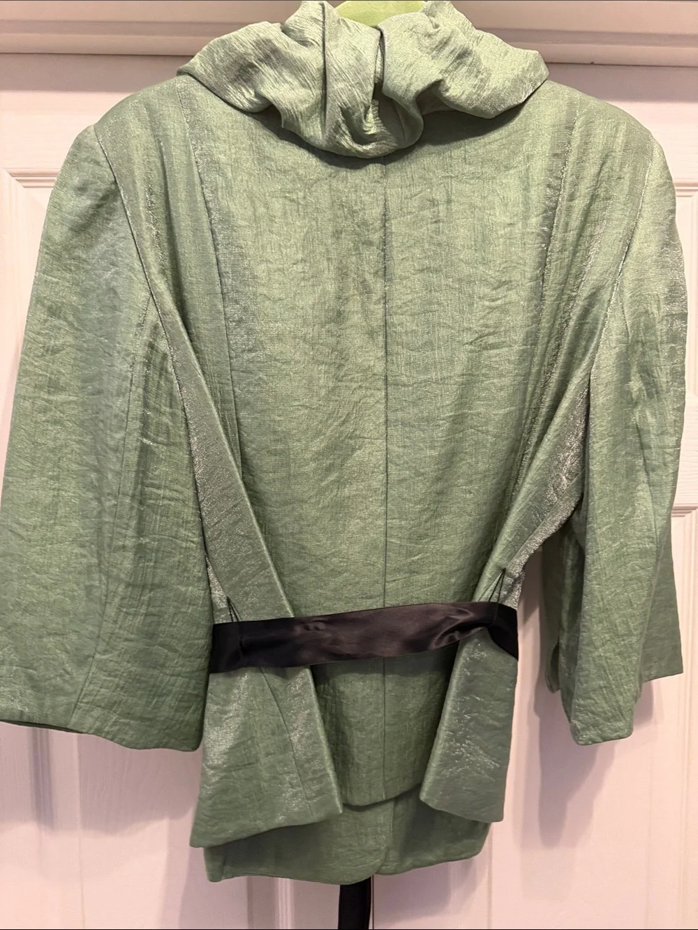 Adrianna Papell Sage Green Ruffle Collar Blazer with Satin Waist Tie